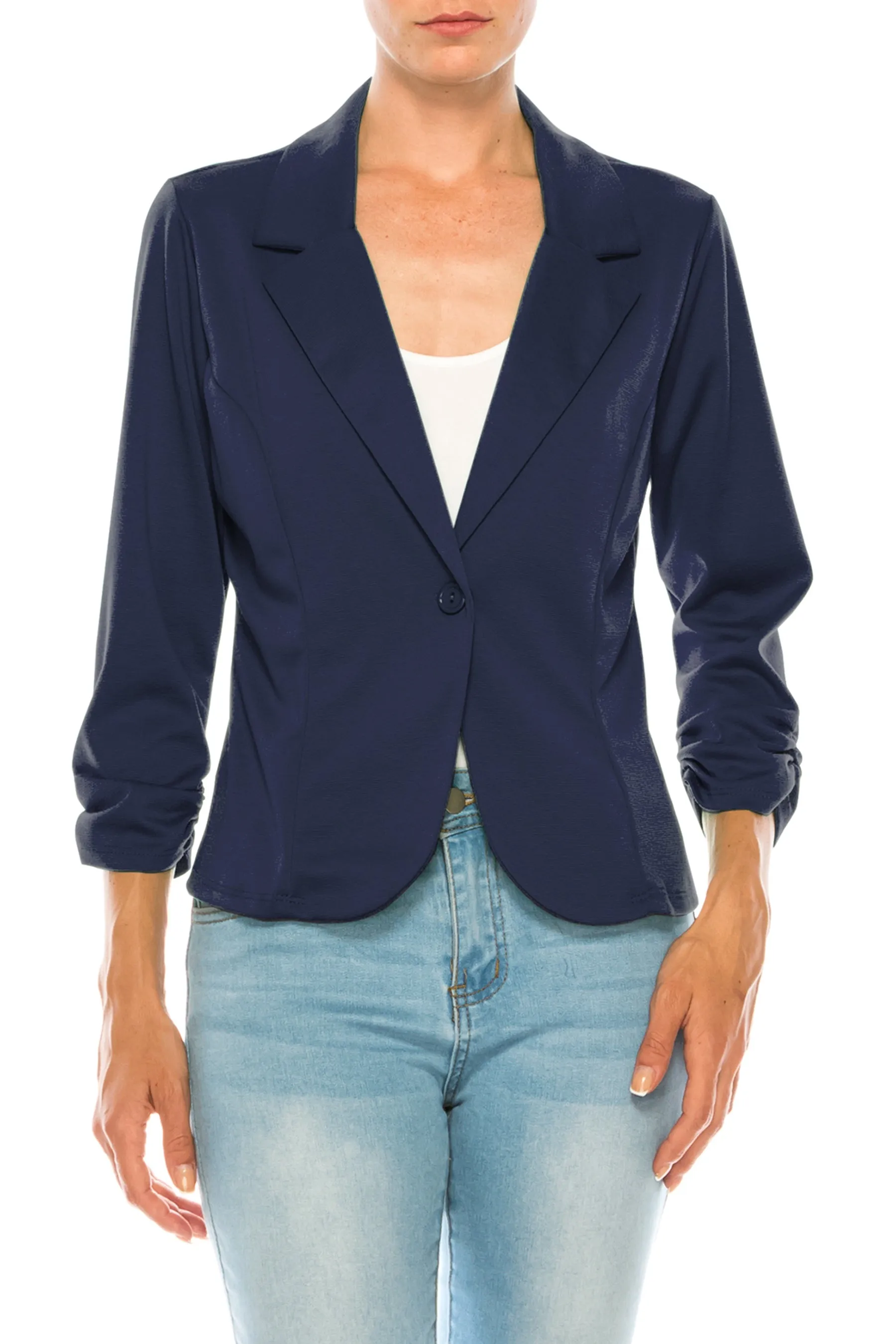 Fitted Solid Blazer with Button Closure and Ruched Sleeves V712 $11Each