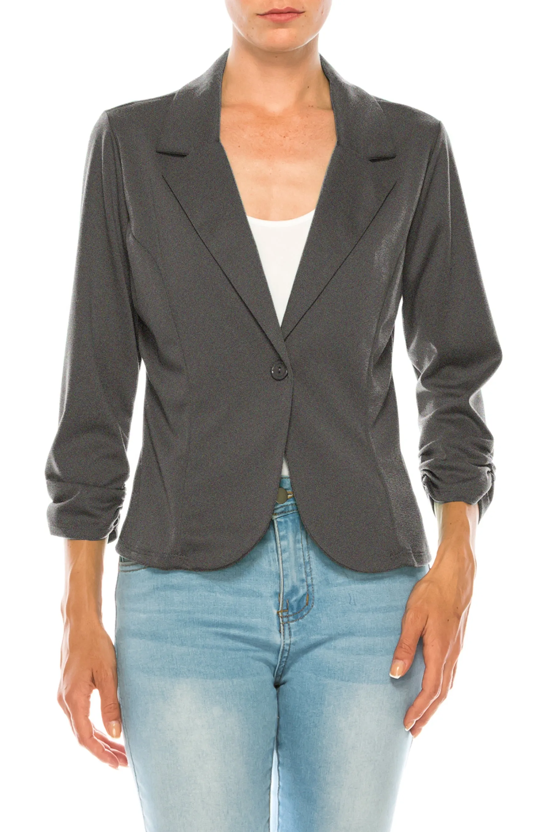 Fitted Solid Blazer with Button Closure and Ruched Sleeves V712 $11Each