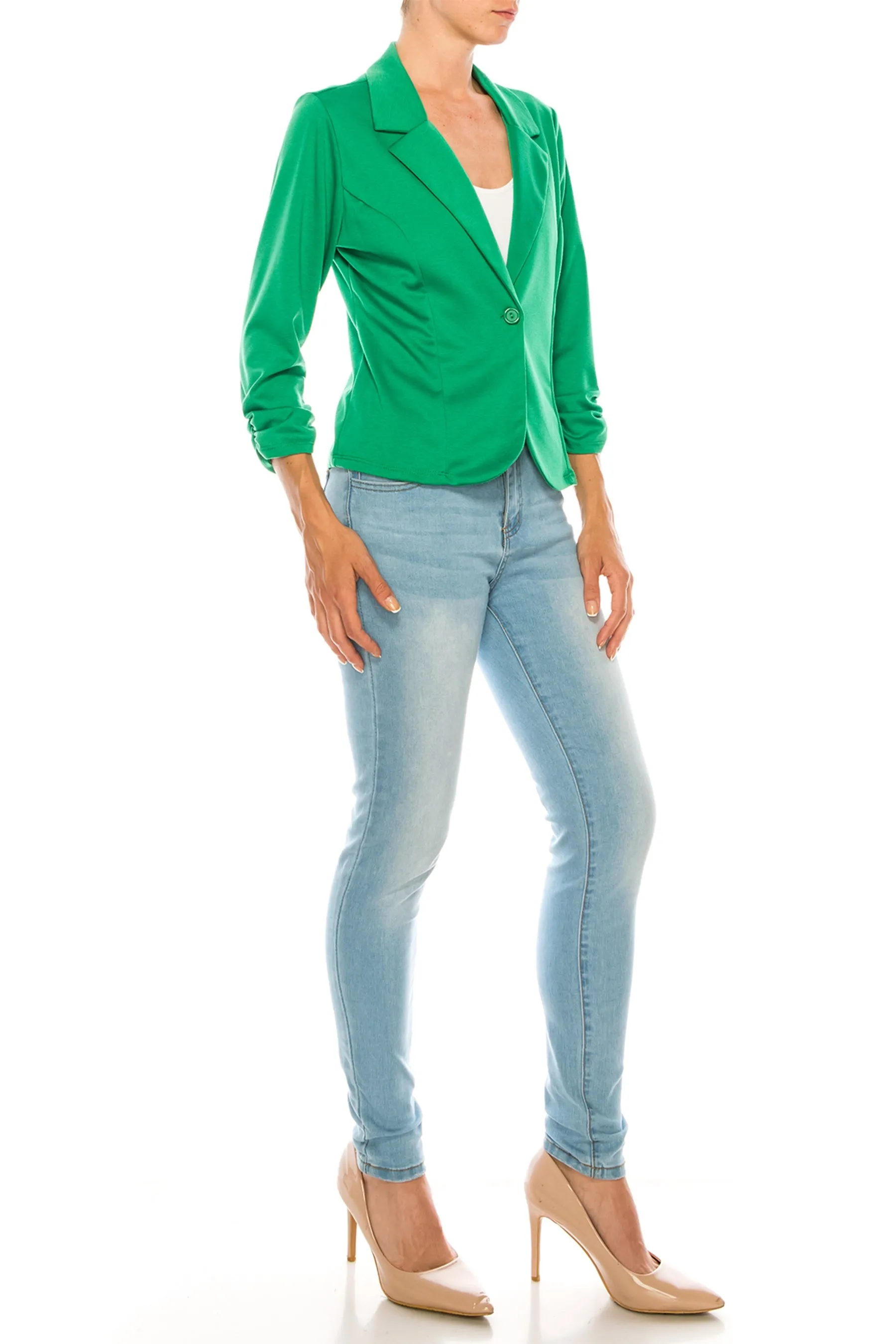 Fitted Solid Blazer with Button Closure and Ruched Sleeves V712 $11Each