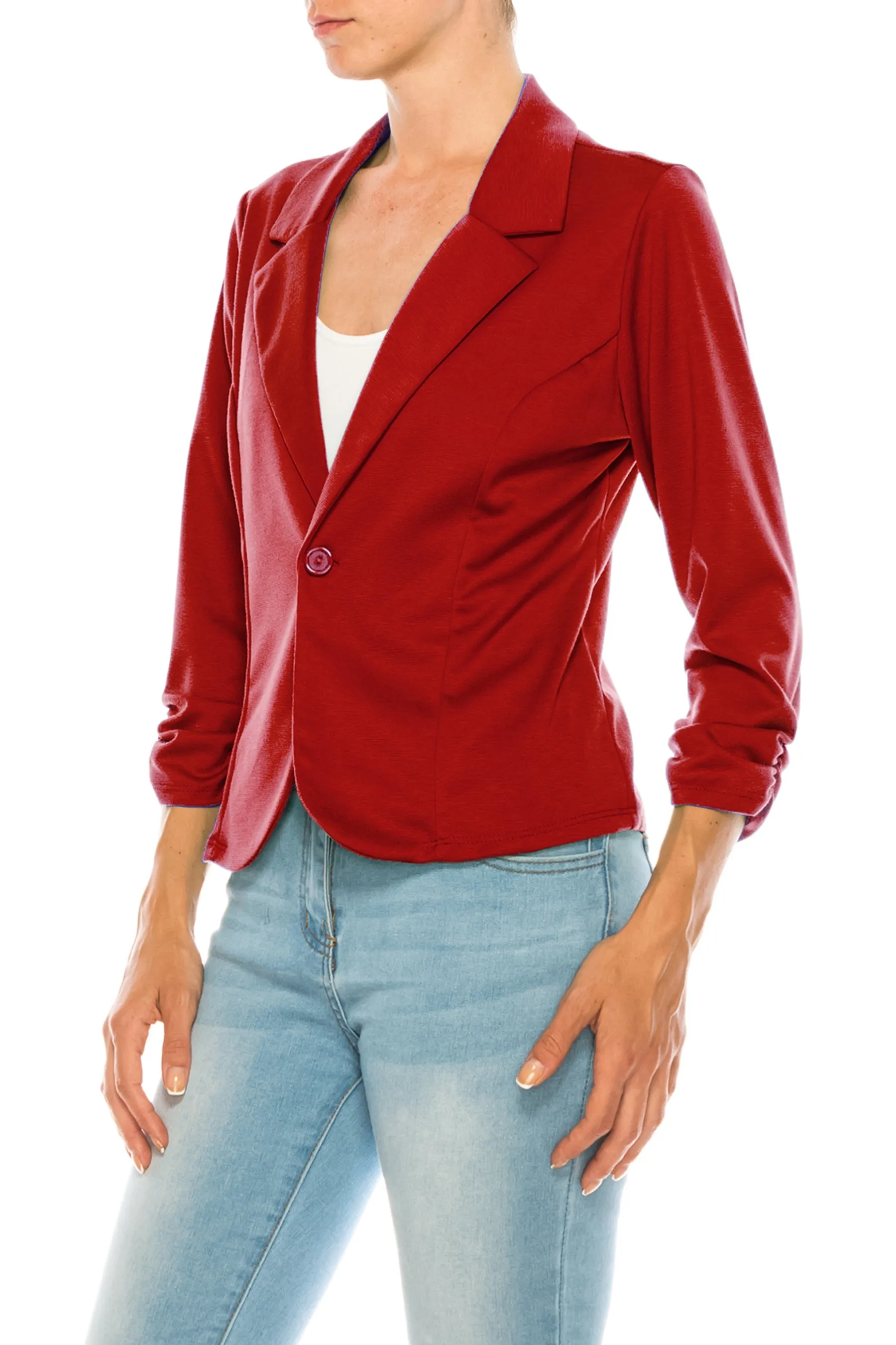 Fitted Solid Blazer with Button Closure and Ruched Sleeves V712 $11Each