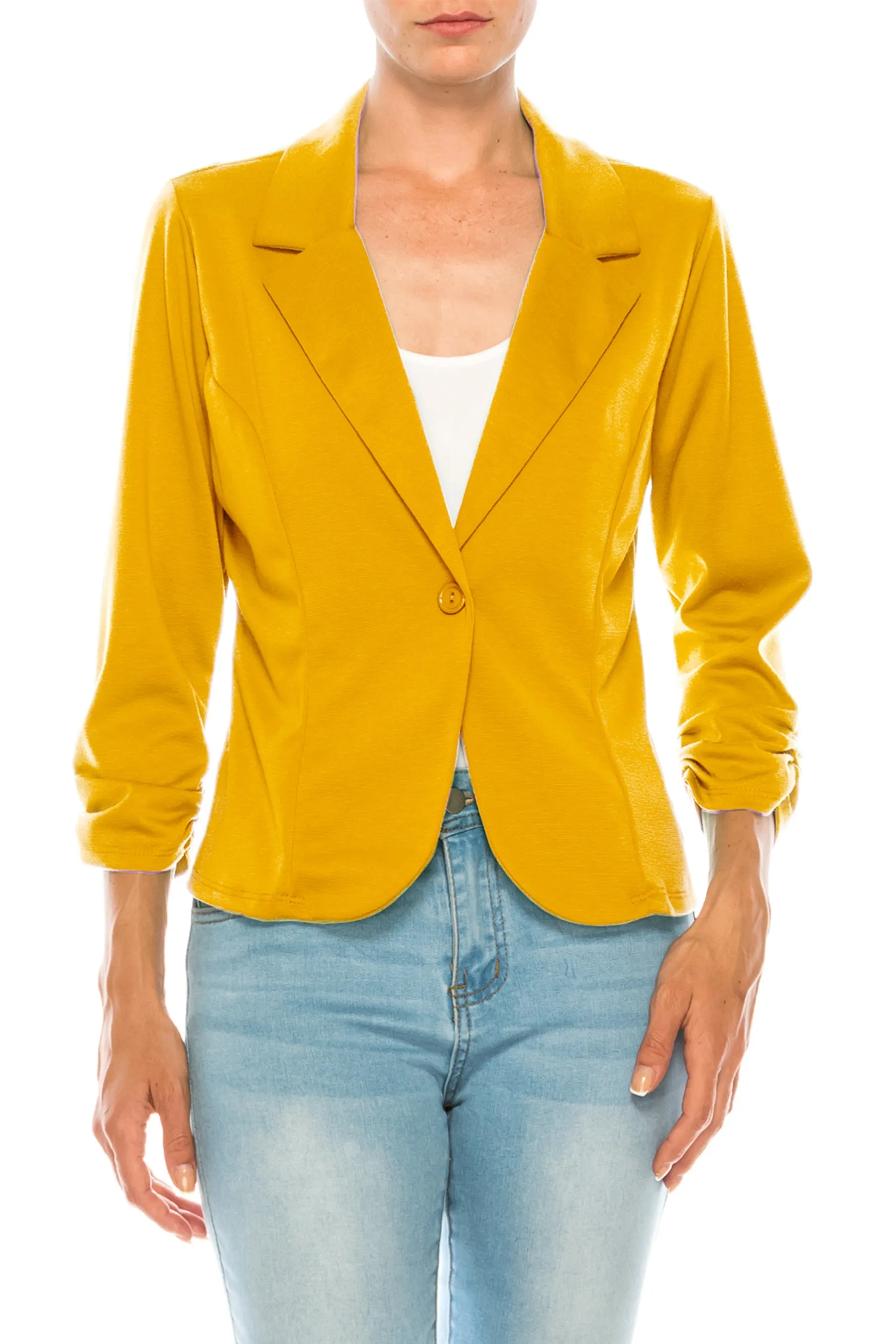 Fitted Solid Blazer with Button Closure and Ruched Sleeves V712 $11Each