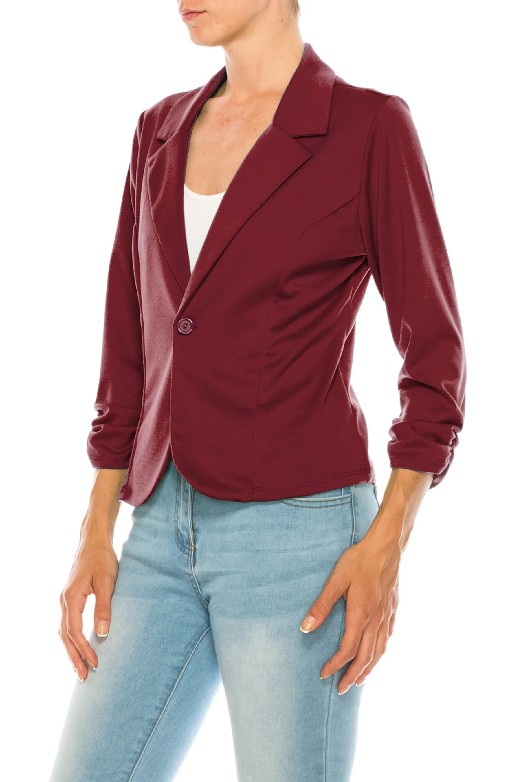 Fitted Solid Blazer with Button Closure and Ruched Sleeves V712 $11Each
