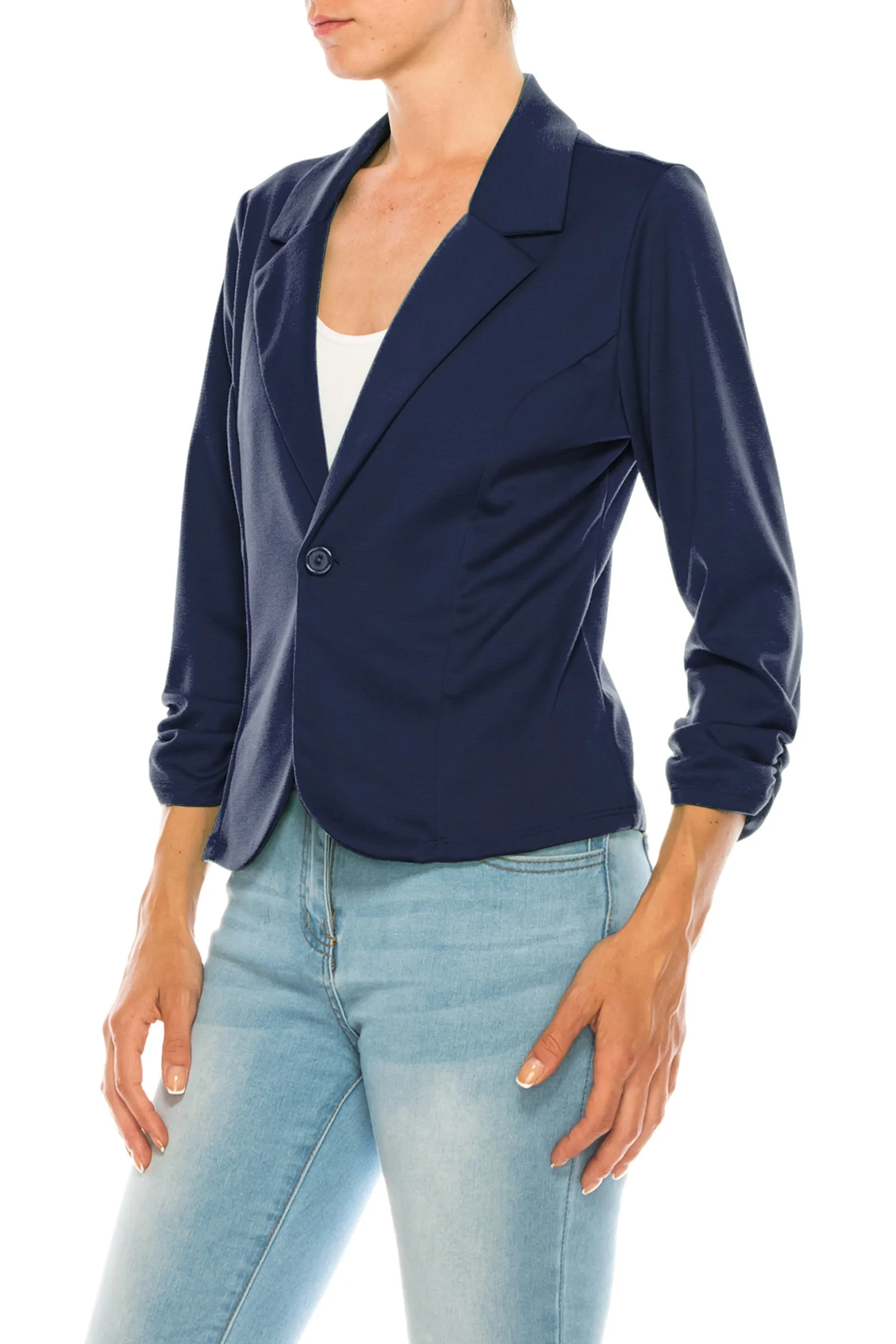 Fitted Solid Blazer with Button Closure and Ruched Sleeves V712 $11Each