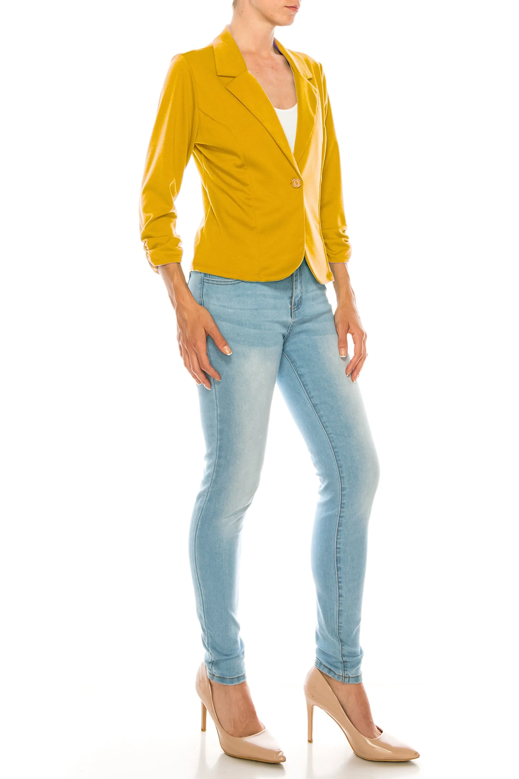 Fitted Solid Blazer with Button Closure and Ruched Sleeves V712 $11Each