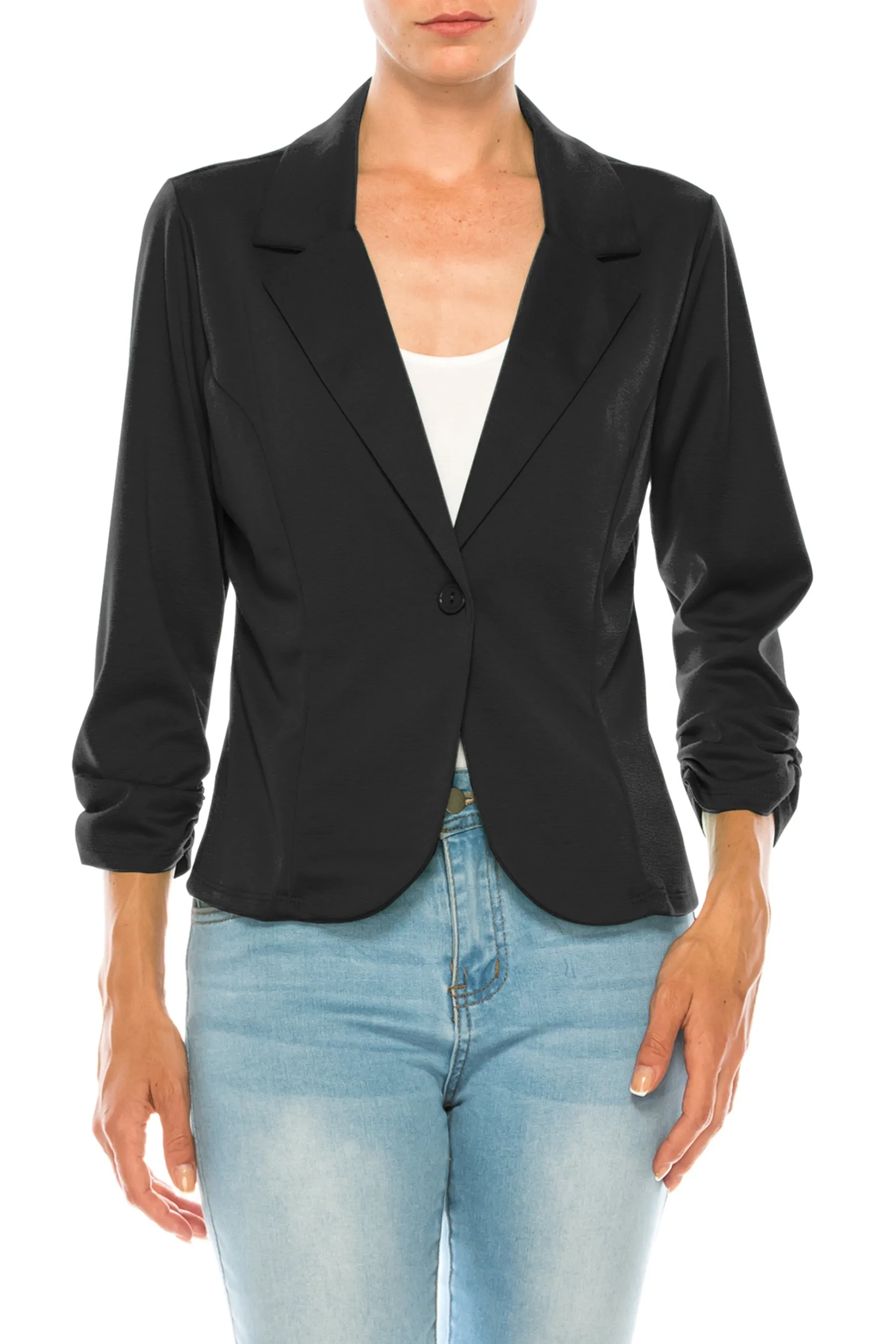 Fitted Solid Blazer with Button Closure and Ruched Sleeves V712 $11Each
