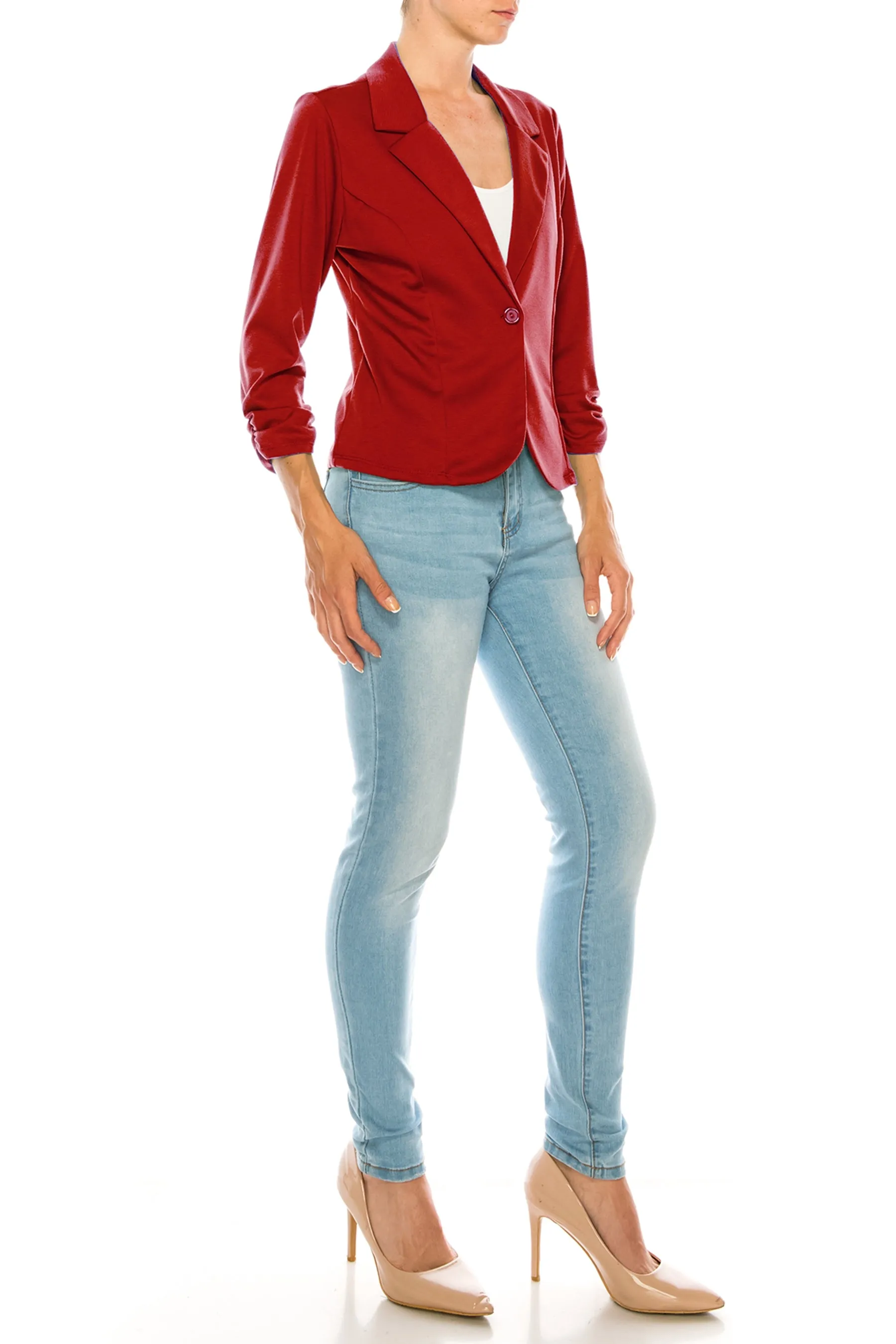 Fitted Solid Blazer with Button Closure and Ruched Sleeves V712 $11Each