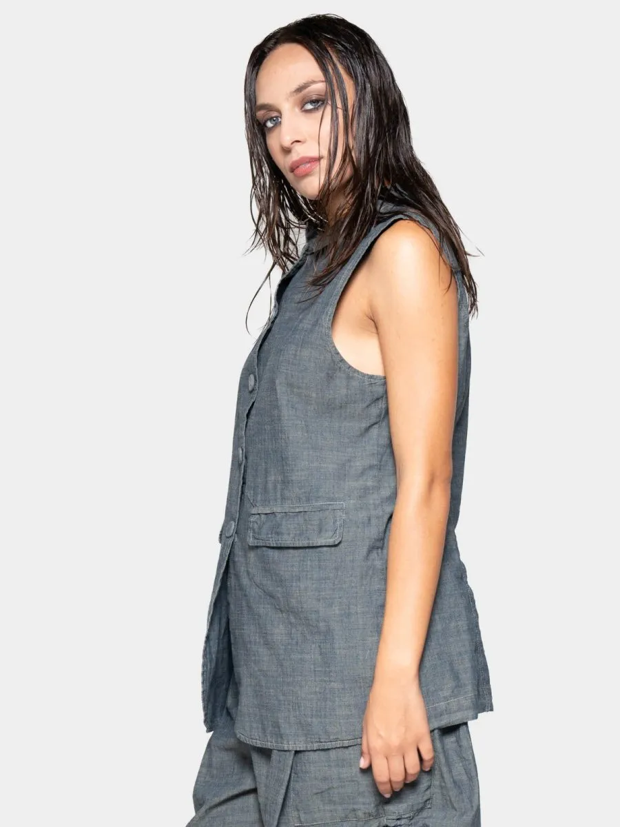 Flap Pocket Denim Look Vest
