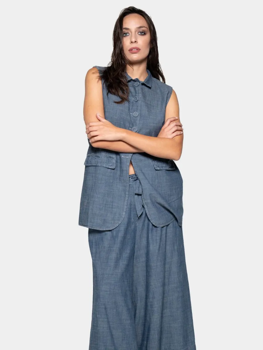Flap Pocket Denim Look Vest