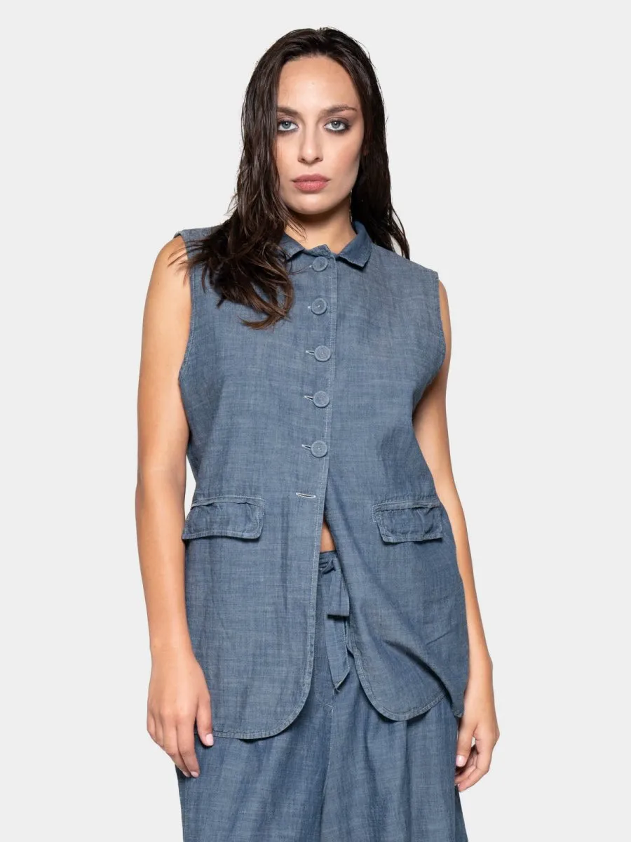 Flap Pocket Denim Look Vest