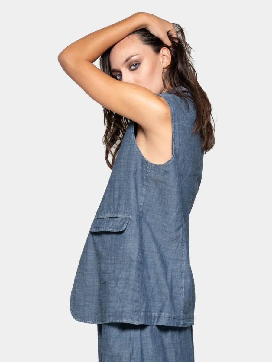 Flap Pocket Denim Look Vest