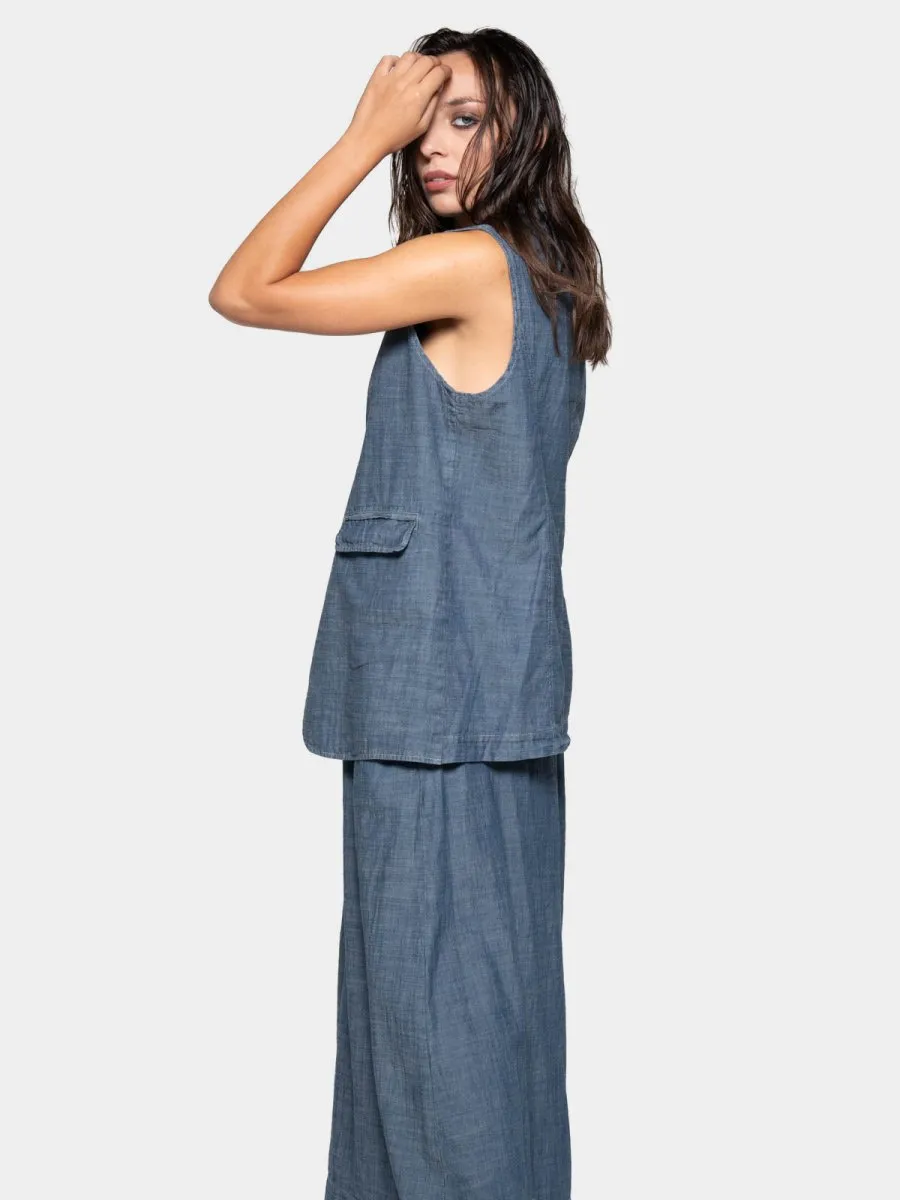 Flap Pocket Denim Look Vest