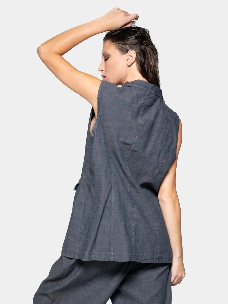 Flap Pocket Denim Look Vest