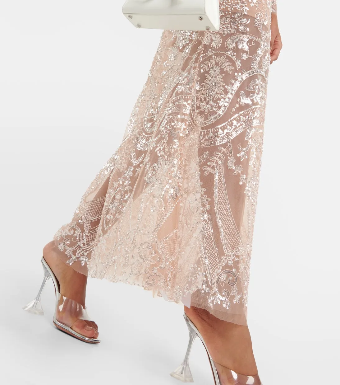 Flared maxi skirt with Self-Portrait decor, silver