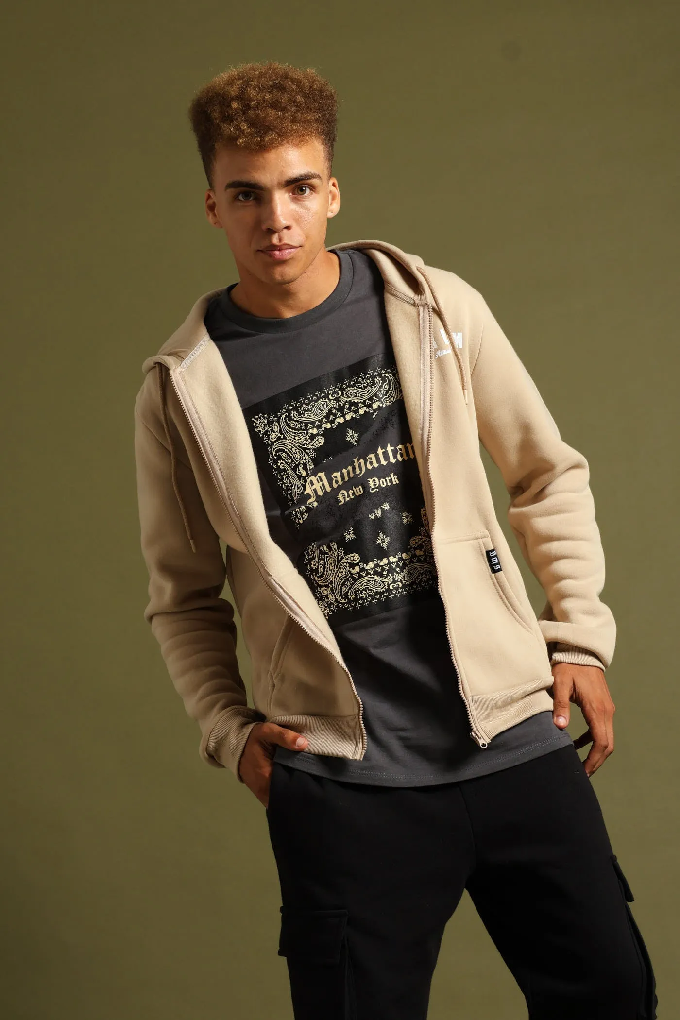 Fleece Printed Hoody - Stone