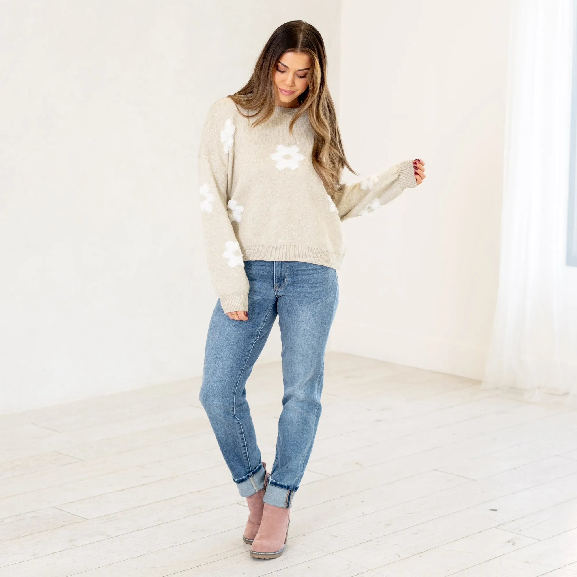Floral Drop Shoulder Cropped Sweater