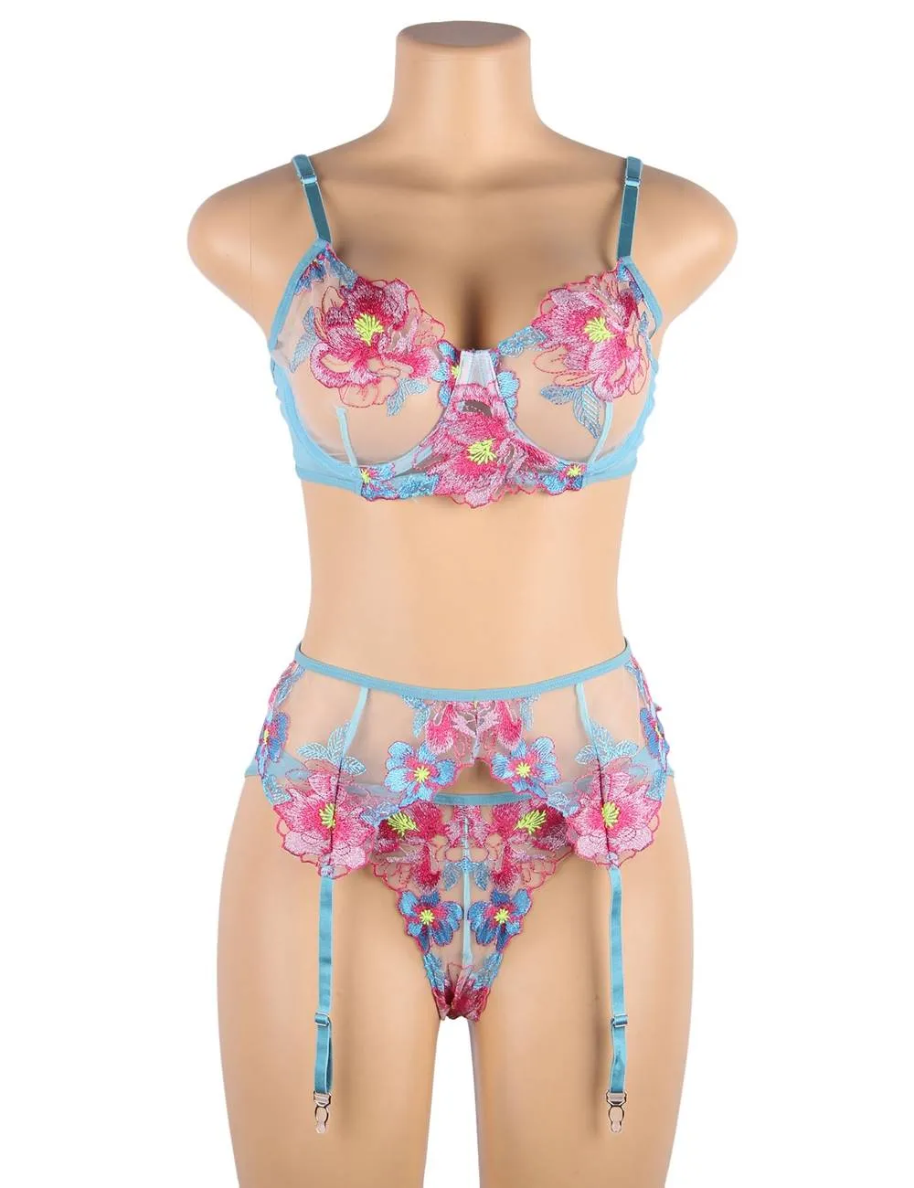 Floral Embroidery Underwire Garter Lingerie Egypt Set