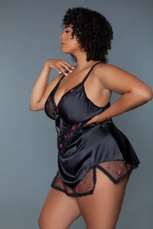 Floral Mesh Embroidered Babydoll – Romantic Lingerie with Ruffle Trim & Keyhole Back