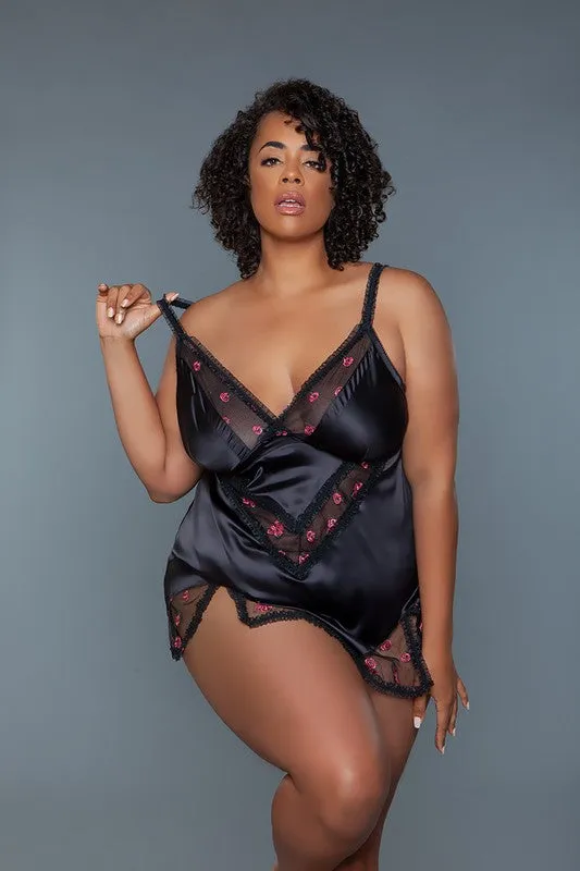Floral Mesh Embroidered Babydoll – Romantic Lingerie with Ruffle Trim & Keyhole Back