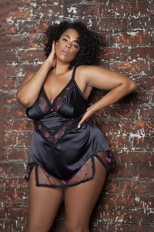 Floral Mesh Embroidered Babydoll – Romantic Lingerie with Ruffle Trim & Keyhole Back