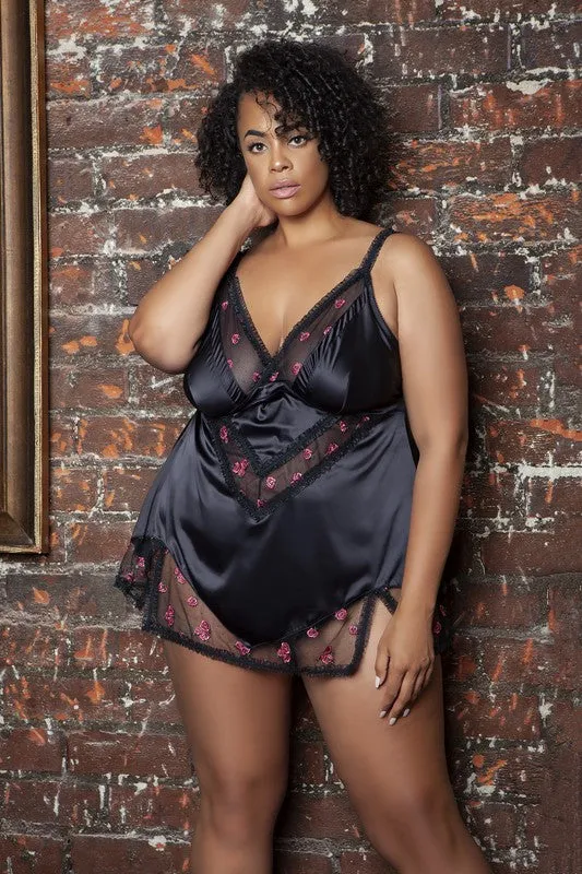 Floral Mesh Embroidered Babydoll – Romantic Lingerie with Ruffle Trim & Keyhole Back