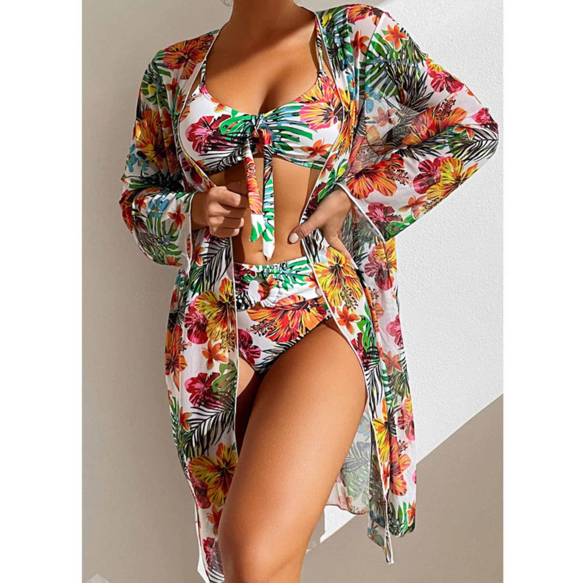 Floral Tummy Control Bathing Suit with Long Sleeves Cover