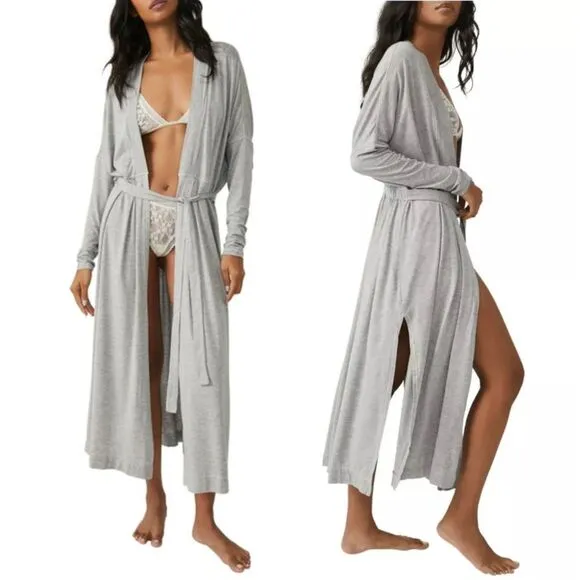 Free People Intimately Essential Belted Melange Knit Cardigan In Grey Heather L