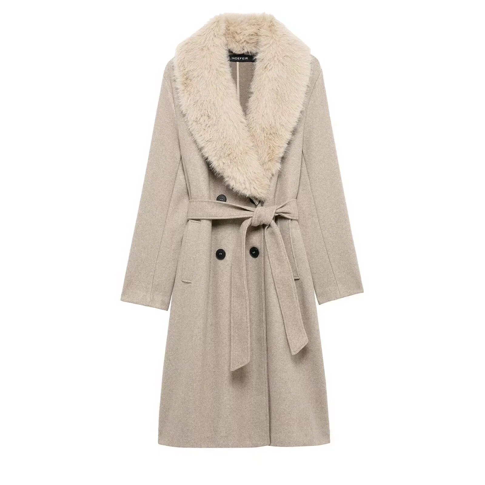 Fur Collar Double Breasted Belted Coat