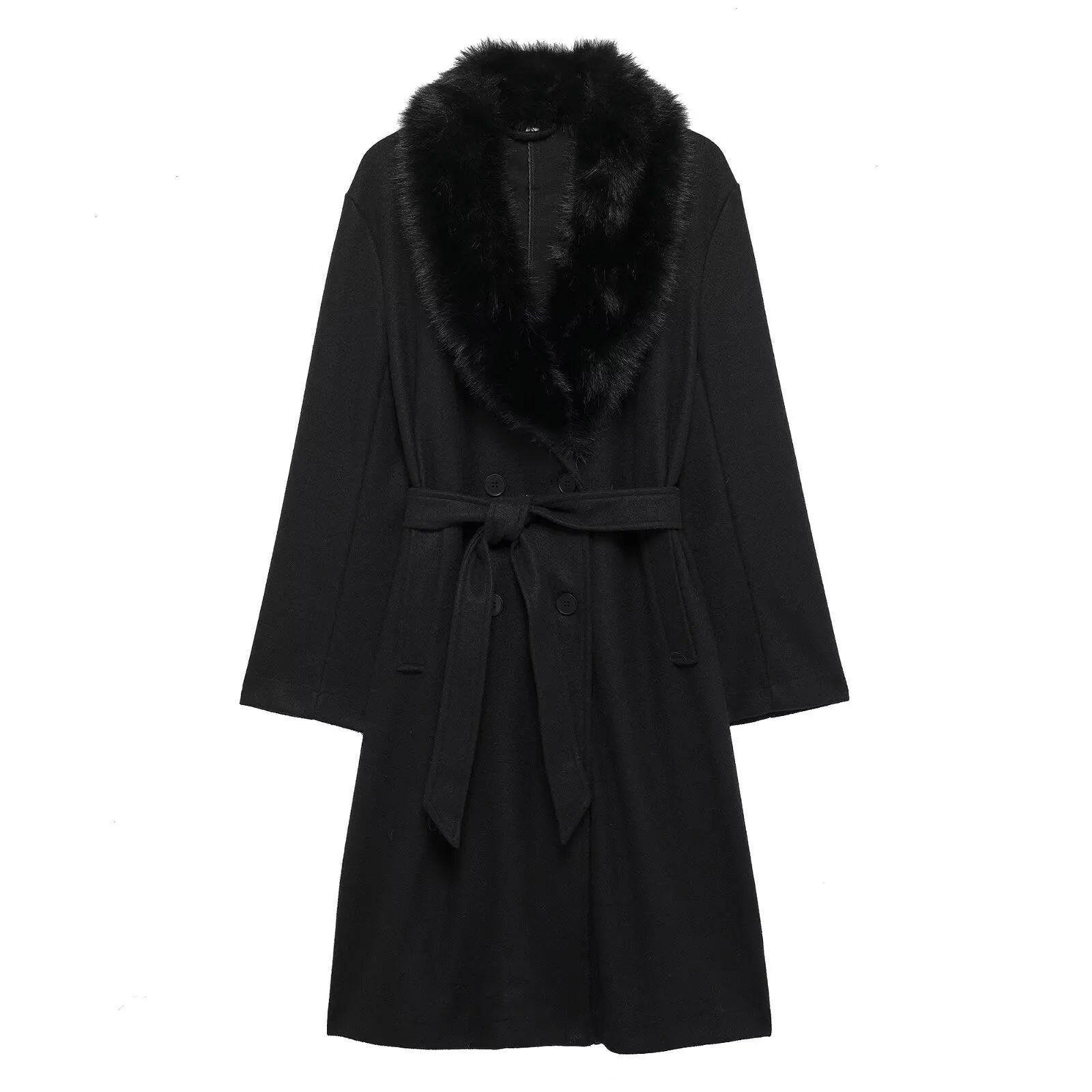 Fur Collar Double Breasted Belted Coat