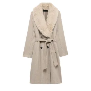 Fur Collar Double Breasted Belted Coat