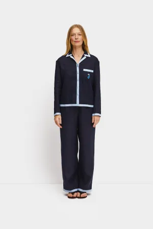 Garrick Embroidered Linen Pants in Navy