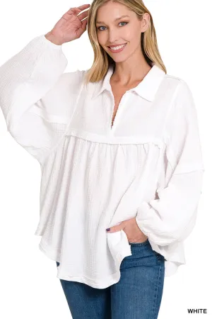 Get Loose Balloon Sleeve Top in WHITE