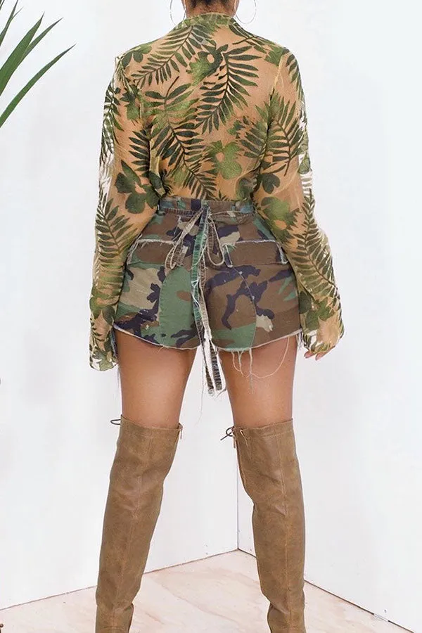Goosudu Camouflage Sporty Ripped Lace-Up Shorts