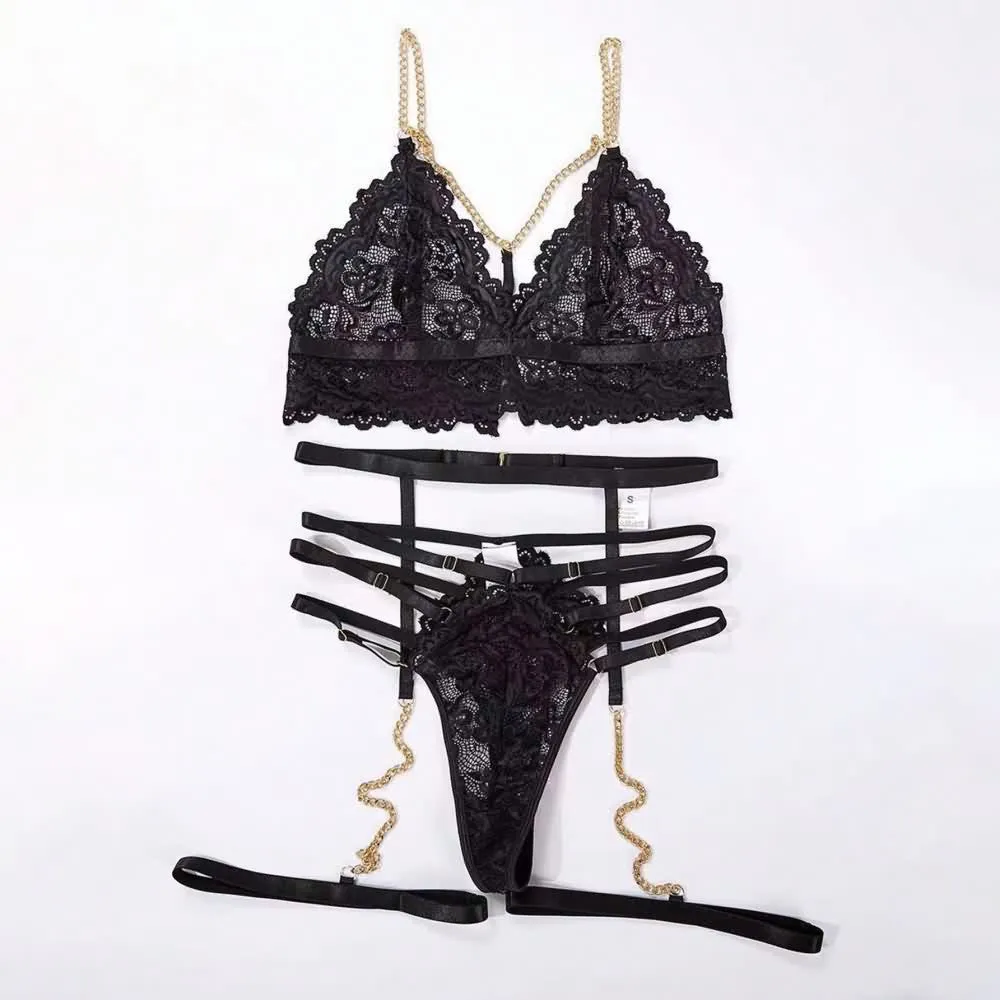 Gothic Floral Lace Bra And Panty Garter Lingerie Set