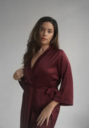 GRACE SATIN SILK KIMONO ROBE BURGUNDY RED (LONG)