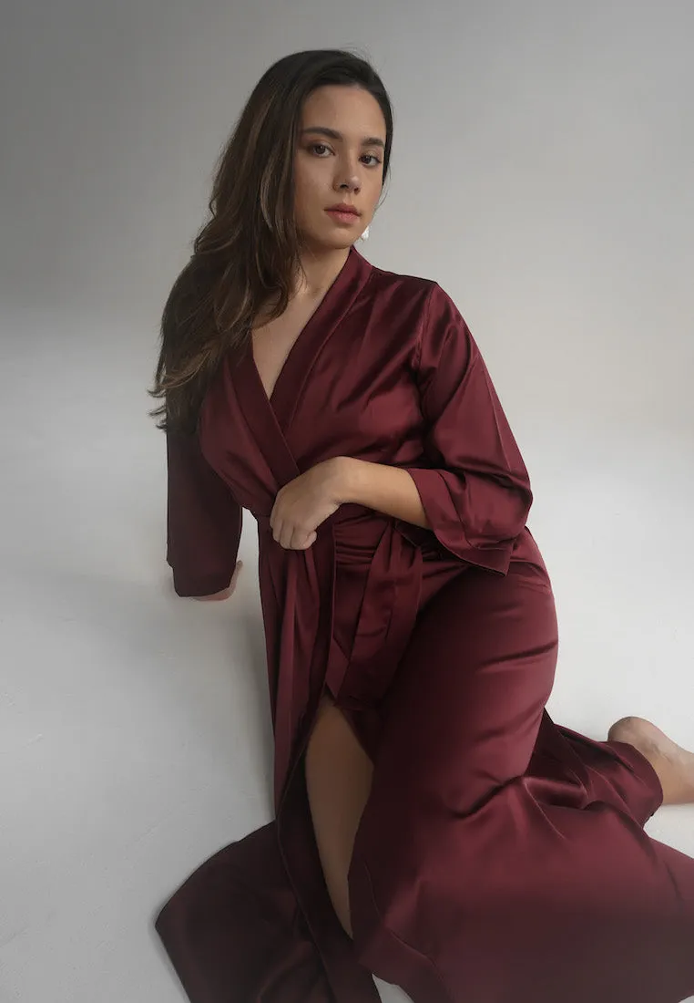 GRACE SATIN SILK KIMONO ROBE BURGUNDY RED (LONG)