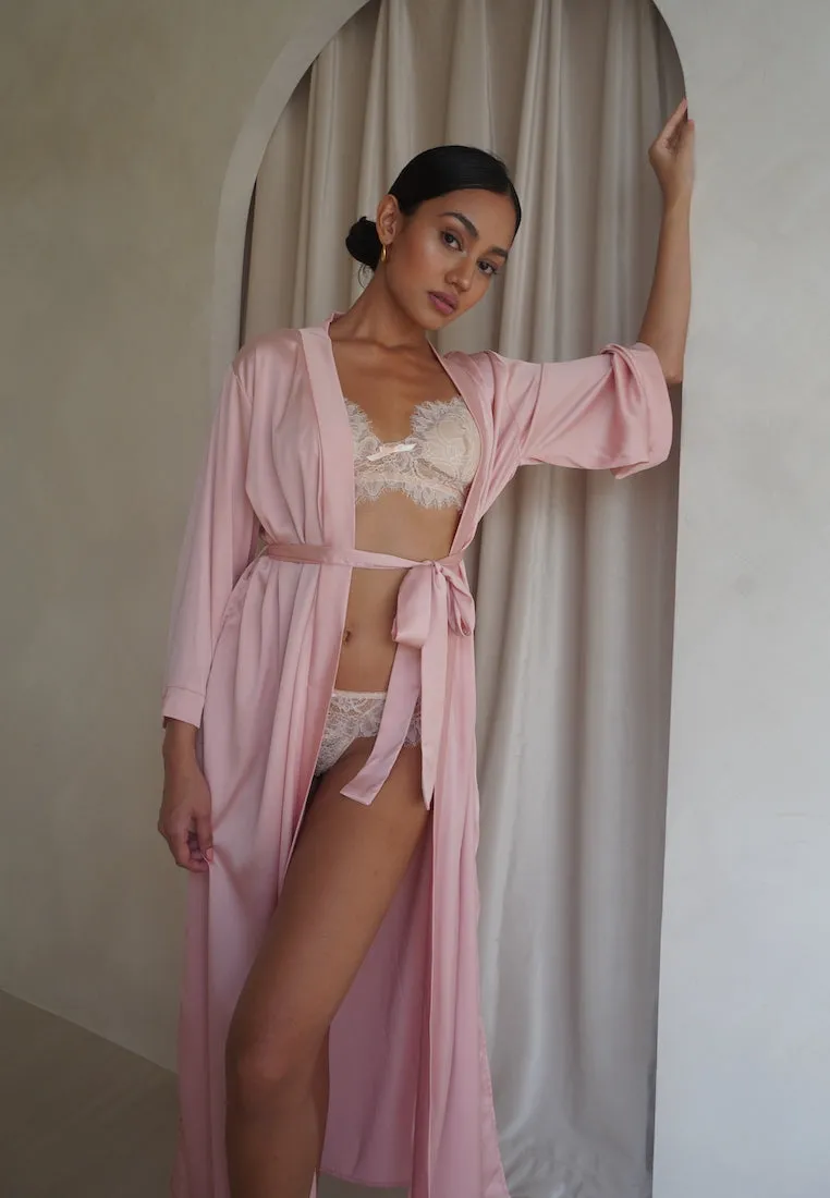 GRACE SILK SATIN KIMONO ROBE BLUSH PINK (LONG)