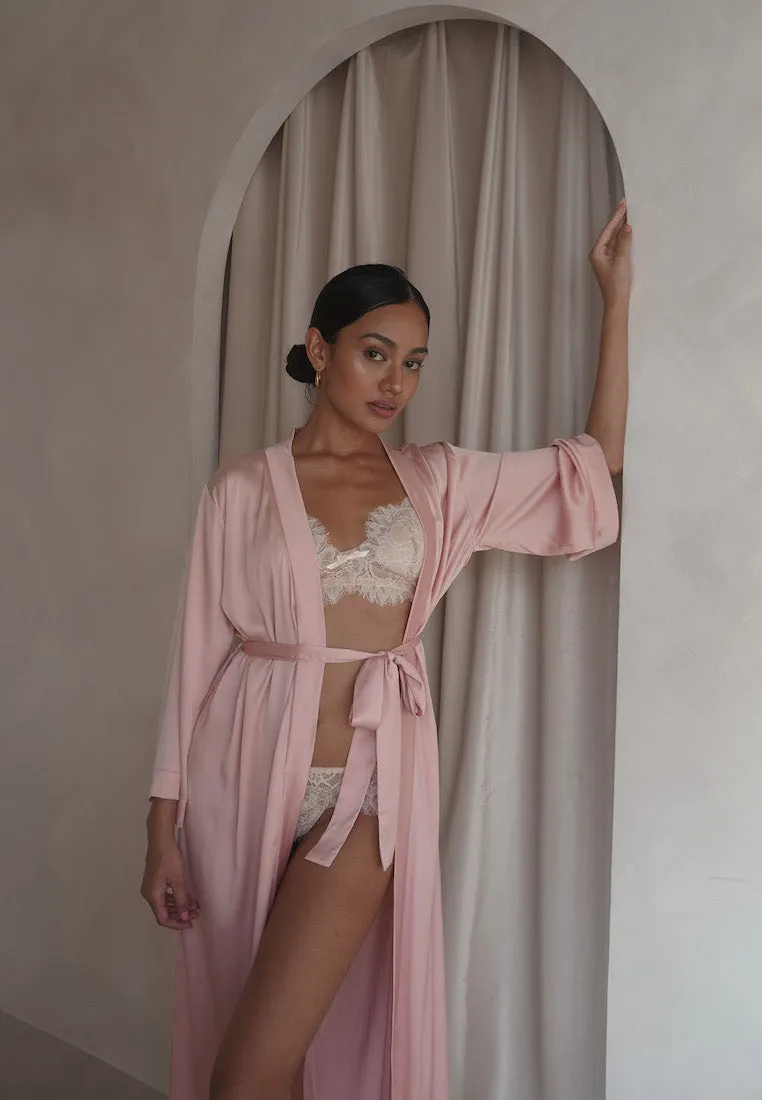 GRACE SILK SATIN KIMONO ROBE BLUSH PINK (LONG)