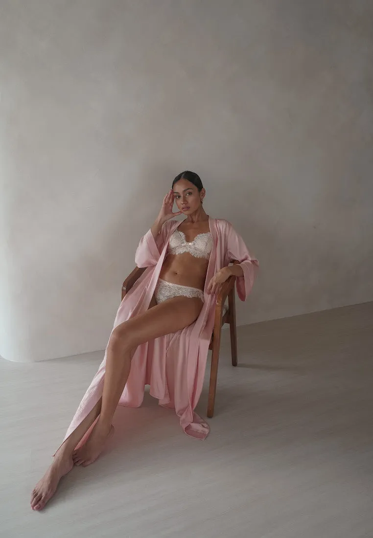 GRACE SILK SATIN KIMONO ROBE BLUSH PINK (LONG)