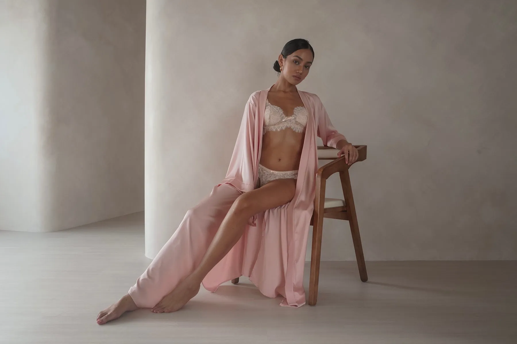 GRACE SILK SATIN KIMONO ROBE BLUSH PINK (LONG)