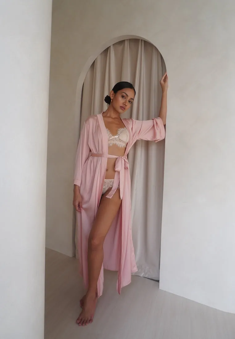GRACE SILK SATIN KIMONO ROBE BLUSH PINK (LONG)