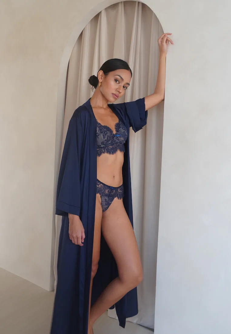 GRACE SILK SATIN KIMONO ROBE NAVY BLUE (LONG)