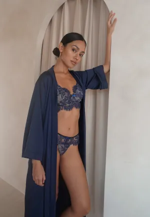 GRACE SILK SATIN KIMONO ROBE NAVY BLUE (LONG)