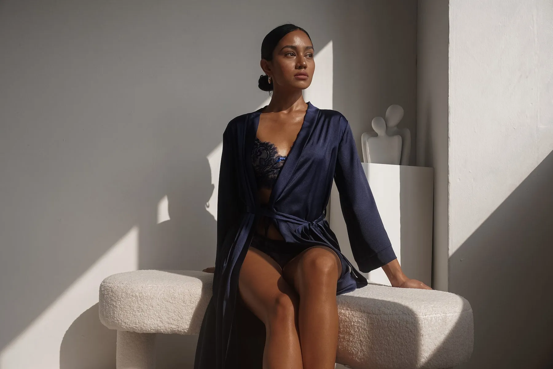 GRACE SILK SATIN KIMONO ROBE NAVY BLUE (LONG)