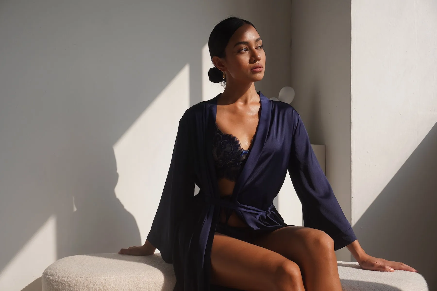 GRACE SILK SATIN KIMONO ROBE NAVY BLUE (LONG)