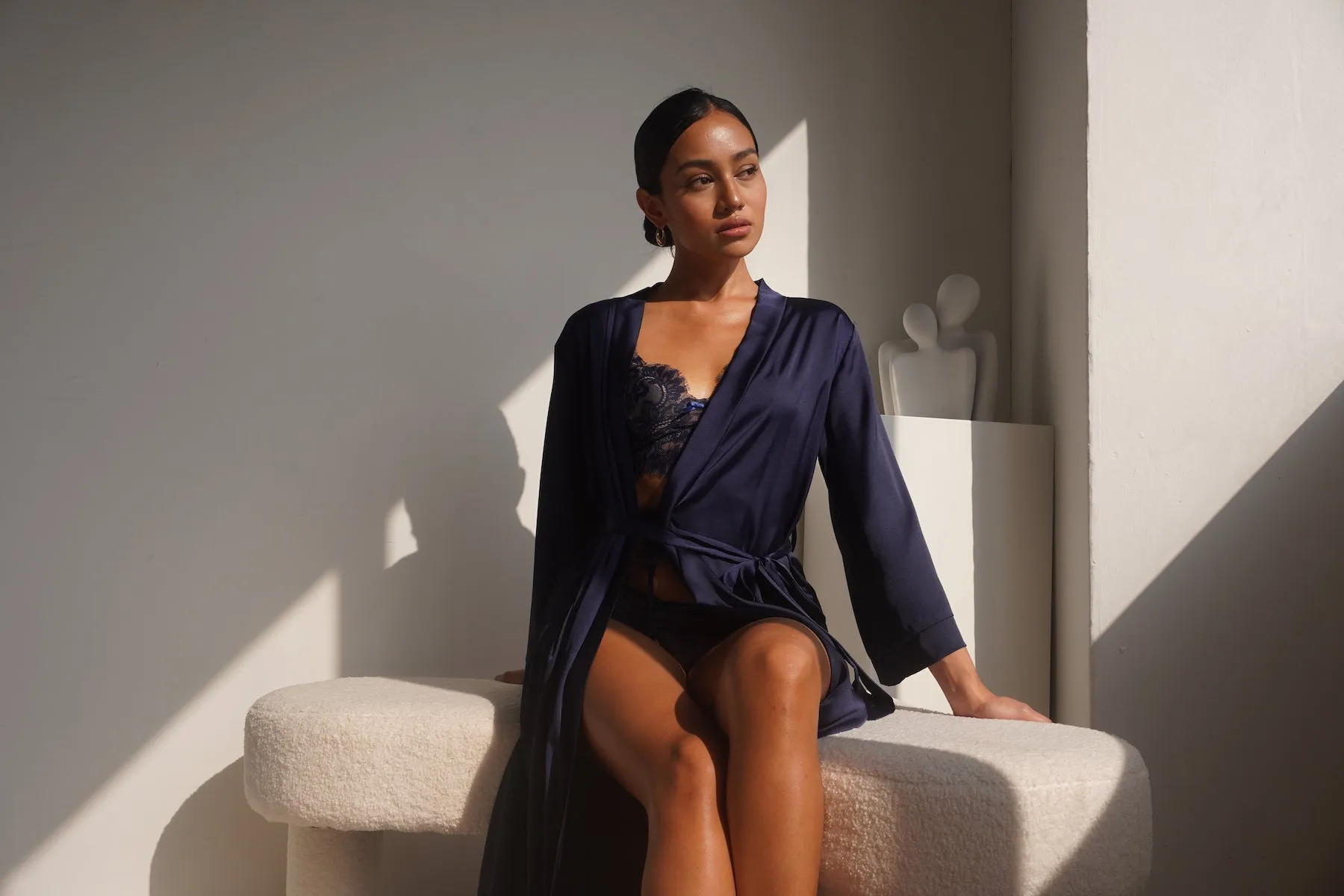 GRACE SILK SATIN KIMONO ROBE NAVY BLUE (LONG)