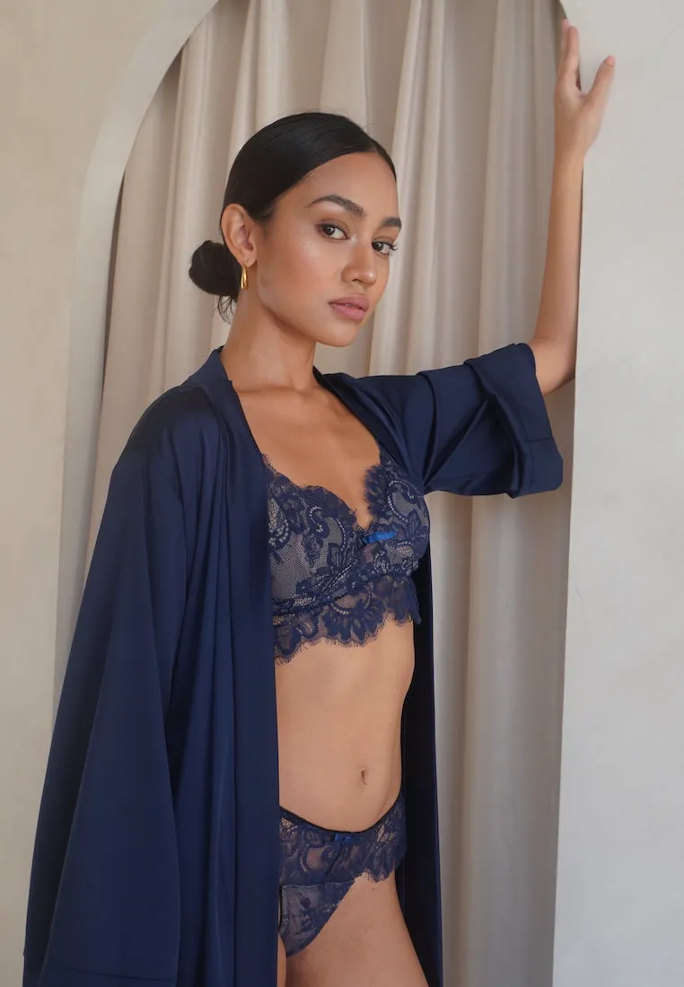 GRACE SILK SATIN KIMONO ROBE NAVY BLUE (LONG)