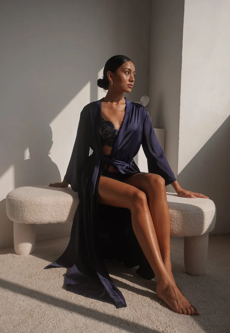 GRACE SILK SATIN KIMONO ROBE NAVY BLUE (LONG)