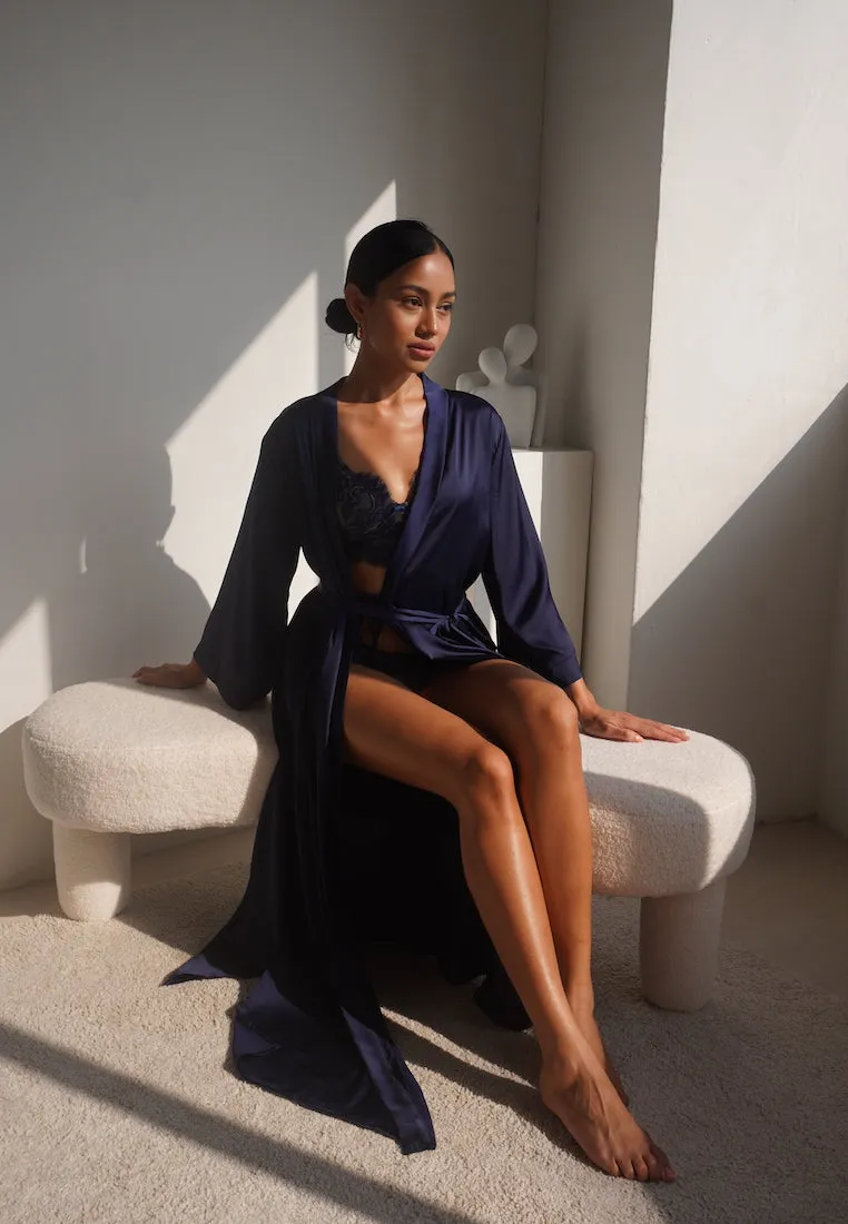 GRACE SILK SATIN KIMONO ROBE NAVY BLUE (LONG)