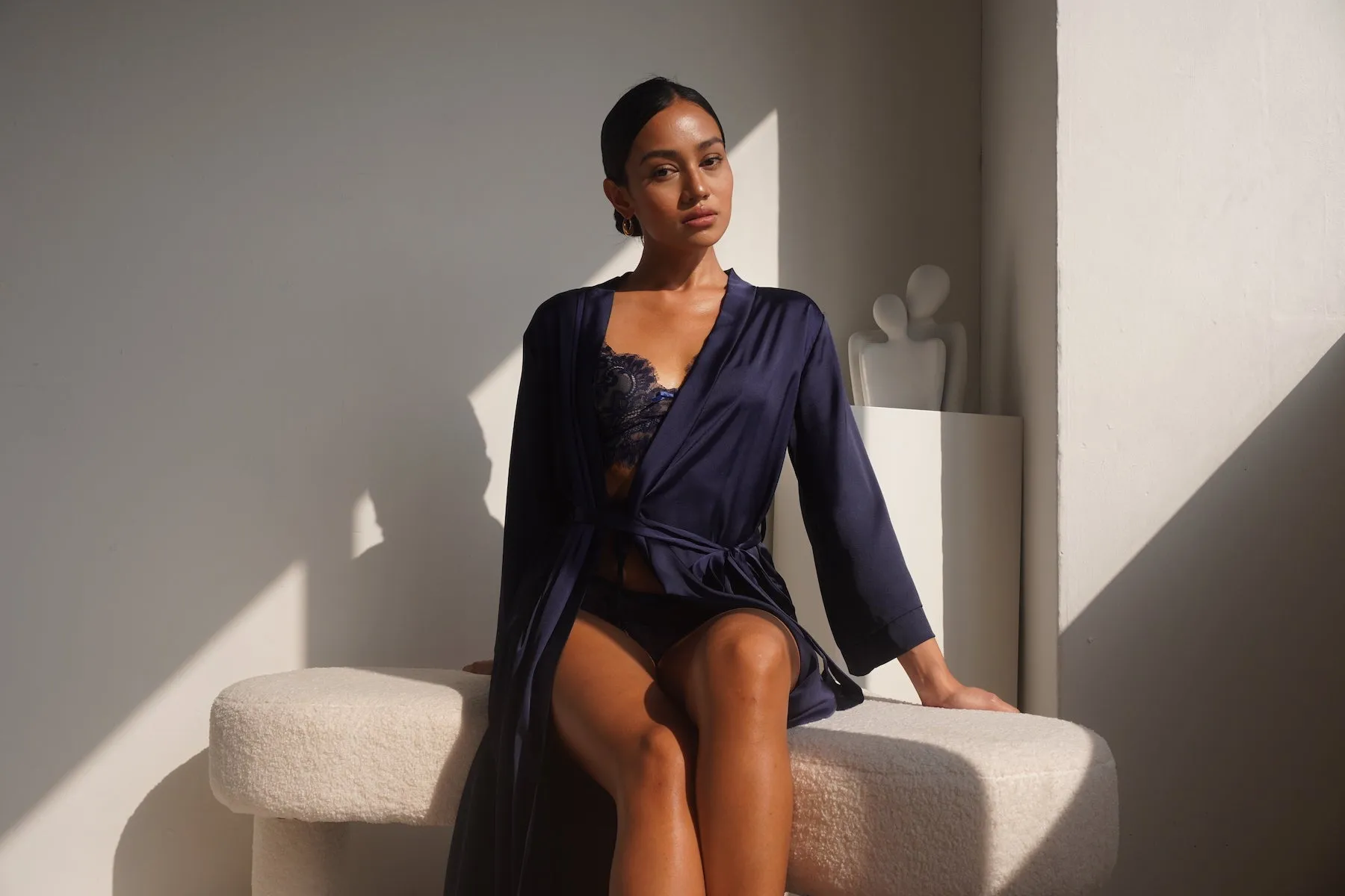 GRACE SILK SATIN KIMONO ROBE NAVY BLUE (LONG)