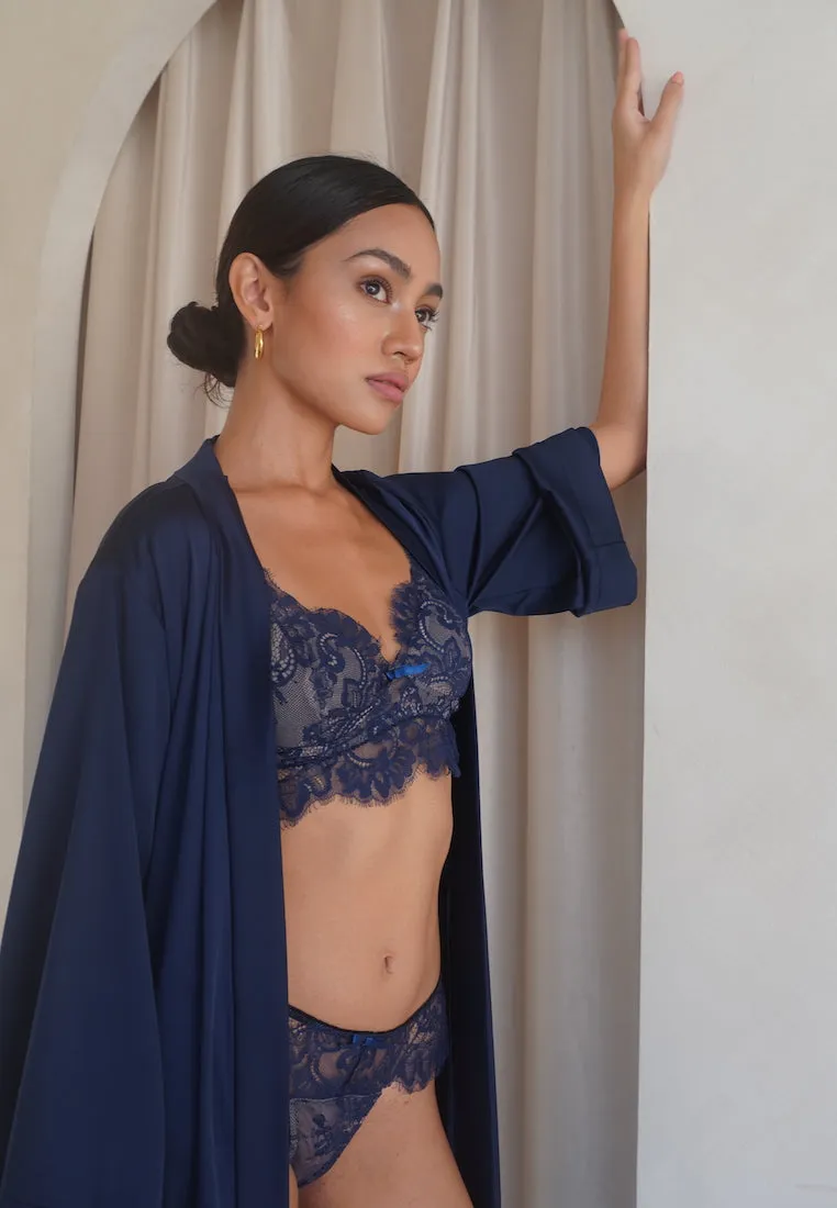 GRACE SILK SATIN KIMONO ROBE NAVY BLUE (LONG)